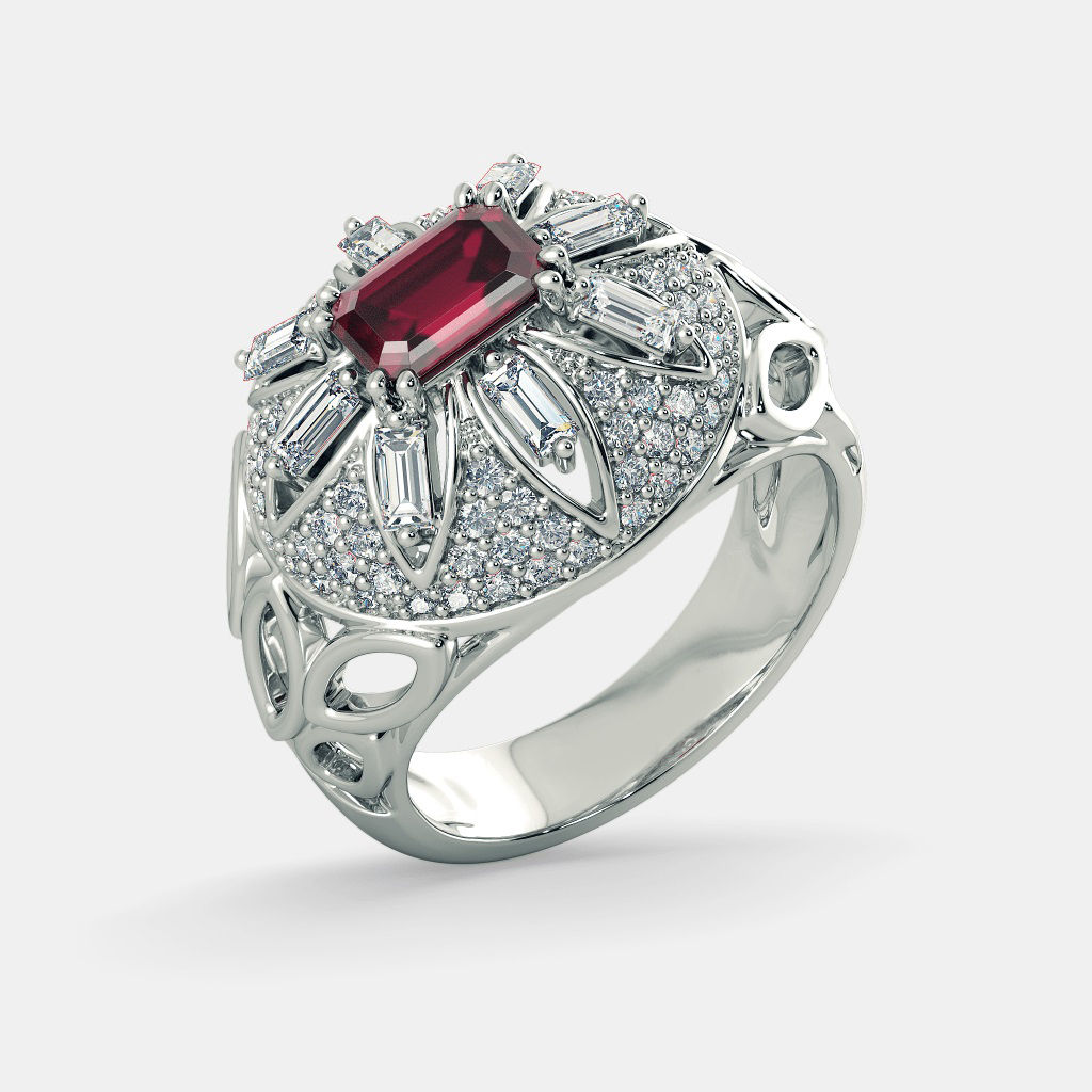 Ivy, Bague Royale sertie de Diamants & Grenat réalisée en Or Blanc 18 carats