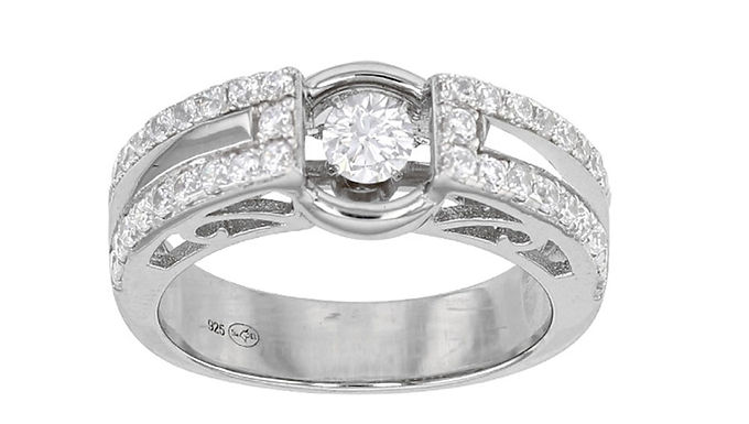 Rose, Bague Alliance Solitaire en Oxyde pour Femme Rhodiée Or Blanc