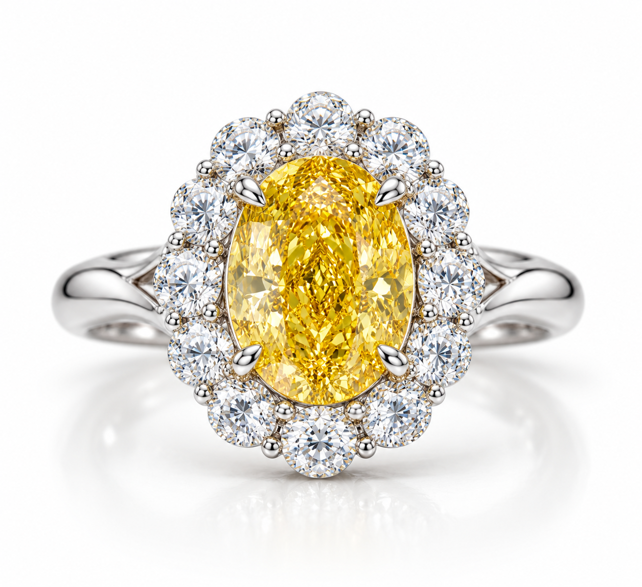 Bague Marguerite, Diamant jaune de synthèse 3,25 ct, diamants or 18 carats