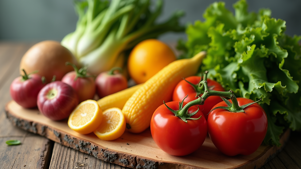 Close-up view of fresh vegetables and fruits for skin health