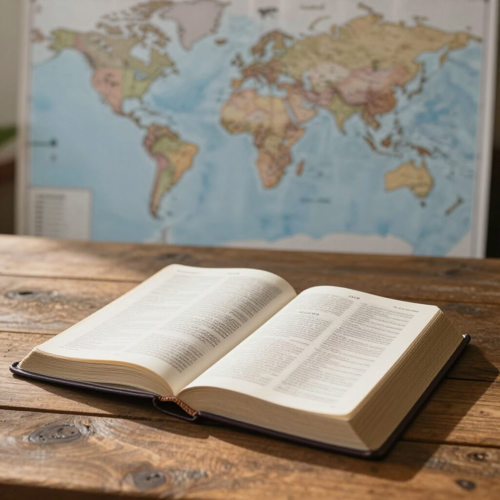 Open Bible and world map