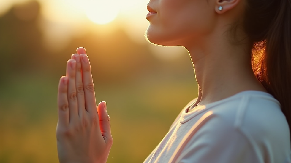Close-up view of a person practicing mindful breathing outdoors