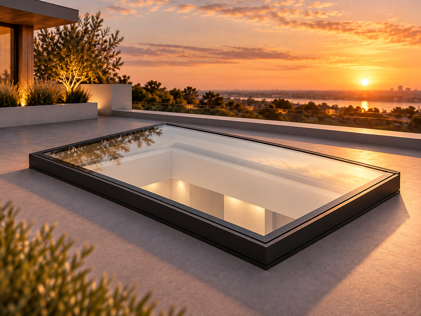 Atlas Made to Measure Flat Rooflight installed on a modern flat roof at sunset