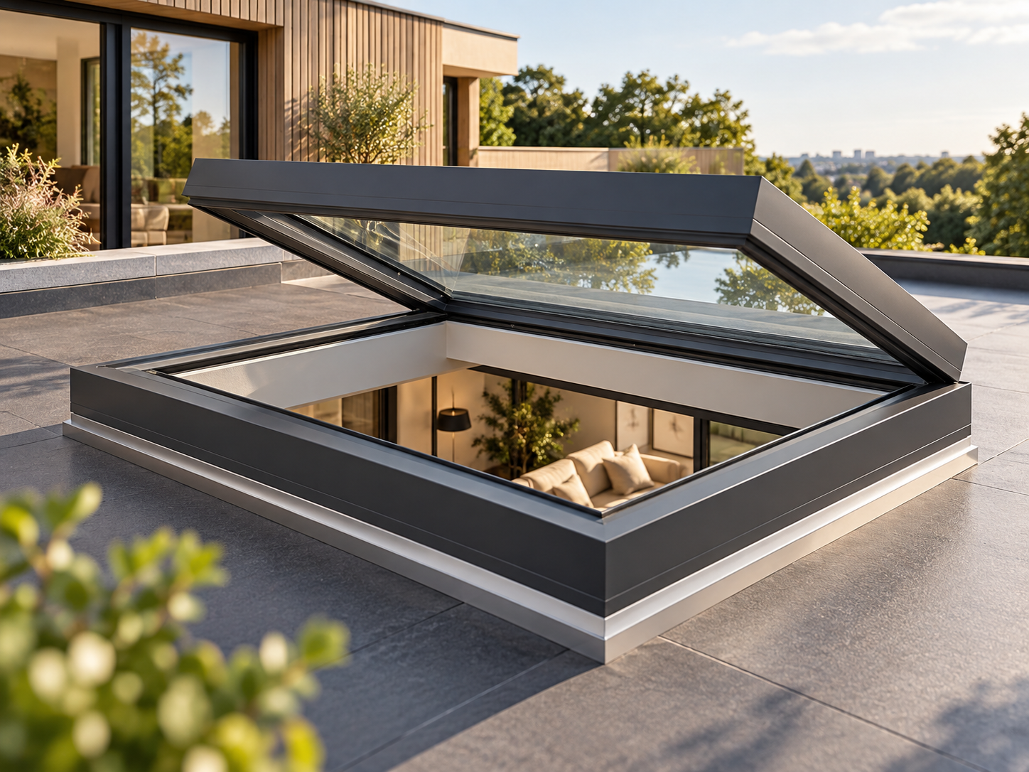 Atlas electric opening flat rooflight installed open on a contemporary flat roof