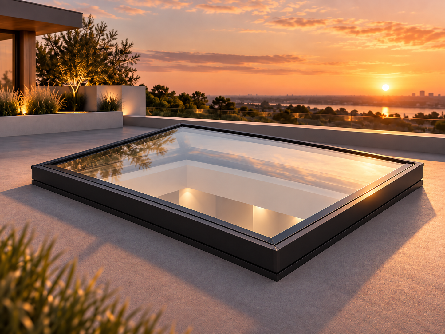 Atlas Stock Flat Rooflight installed on a modern flat roof at sunset