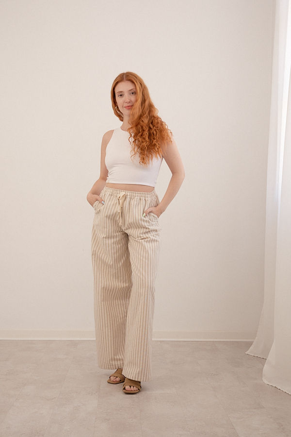 Thumbnail: Soft striped cotton trousers designed for comfort, movement, and slow fashion wardrobes