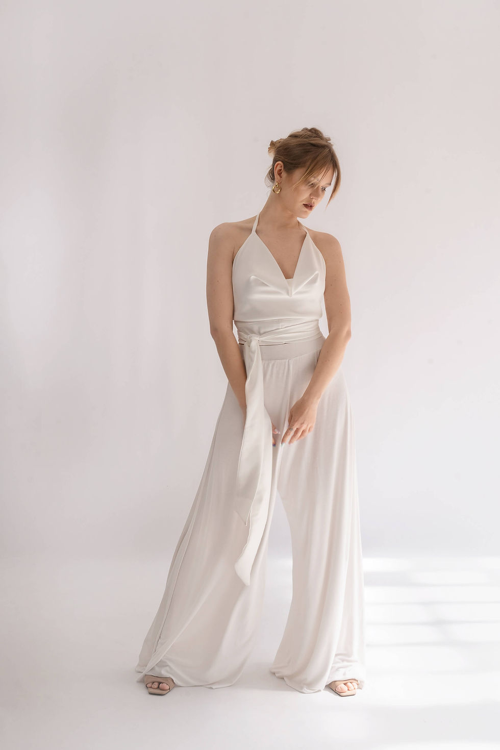 Wide bamboo trousers by Madara Couture featuring a relaxed fit and fluid silhouette