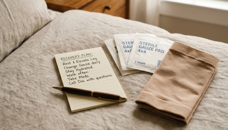 Close-up view of clean recovery supplies arranged beside written aftercare instructions