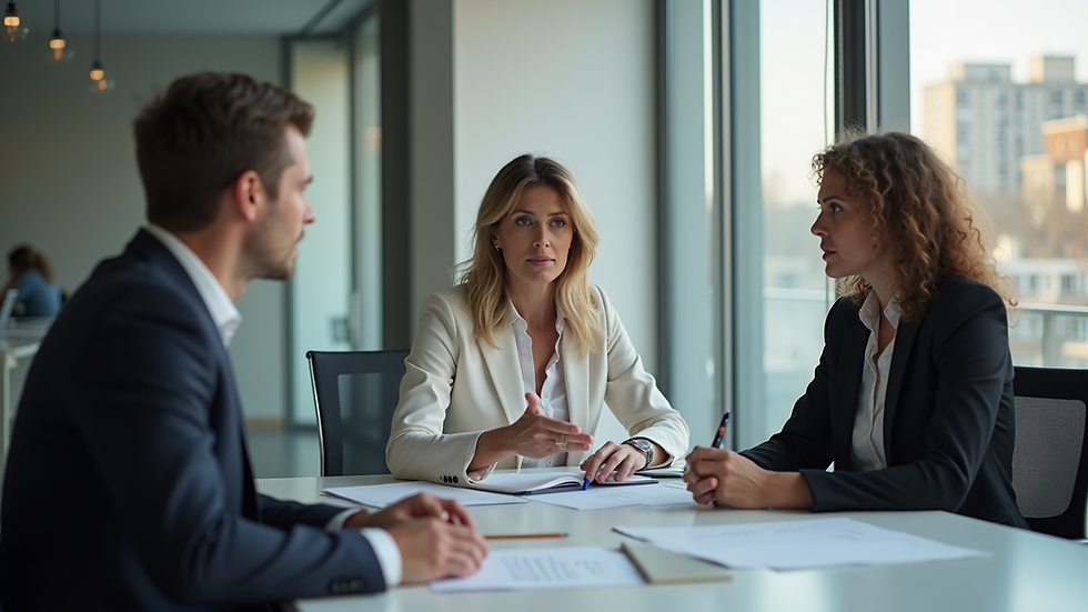 Eye-level view of a business coach discussing strategy with a client in a modern office