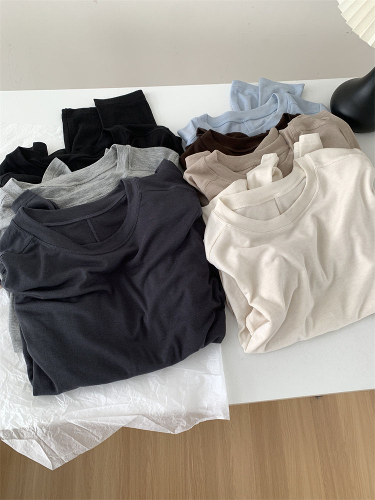 Thumbnail: Silk Wool Splice Long Sleeve T-shirt Women Spring Summer Thin Soft Waxy Fit Soli