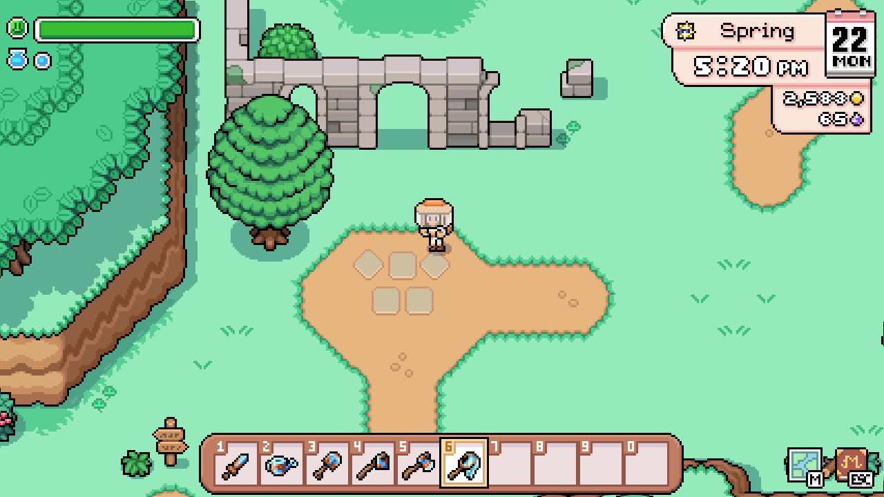 A gameplay GIF of Fields of Mistria showing the player shake a caterpillar out of a tree and then catch it with a bug net near the ruins on the Eastern Road map.
