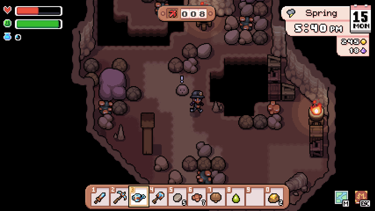 A gameplay GIF of Fields of Mistria showing the player fighting a rock clod monster in the mines.