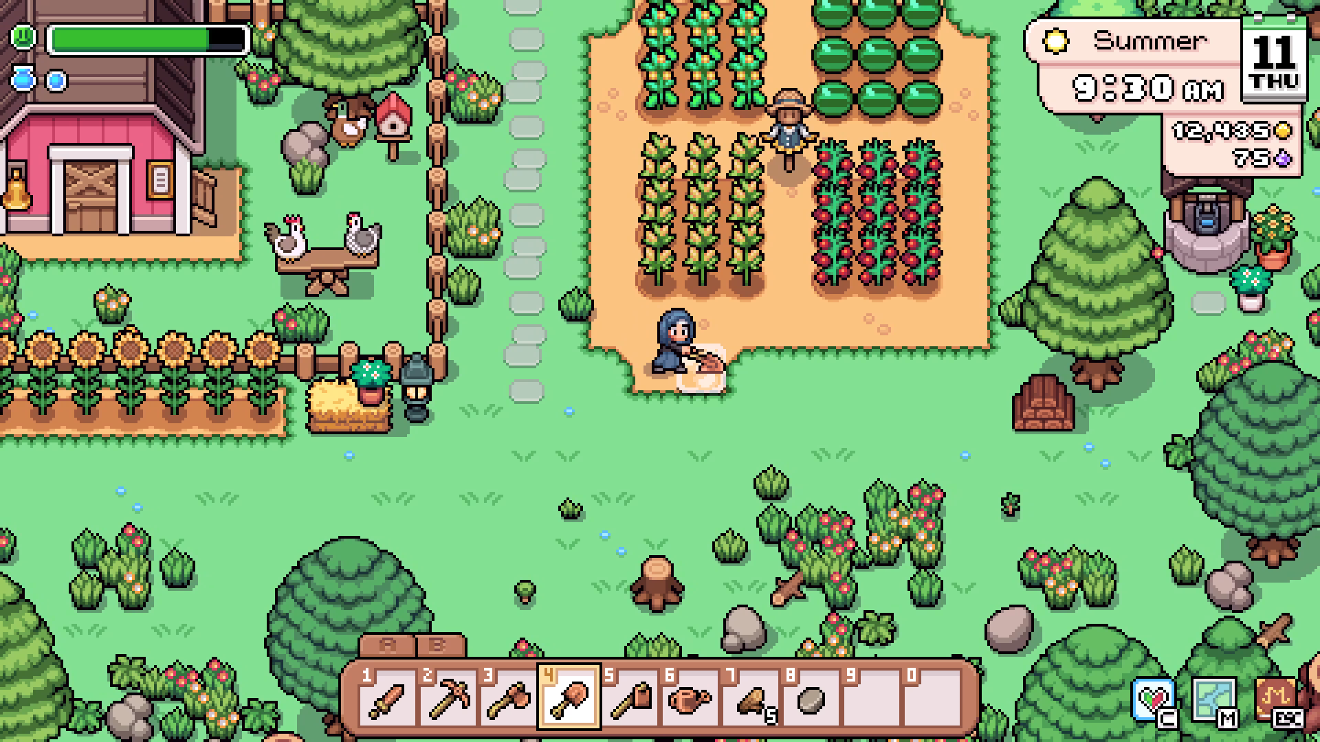Official Fields of Mistria screenshot showing a spring farm with crops and paths
