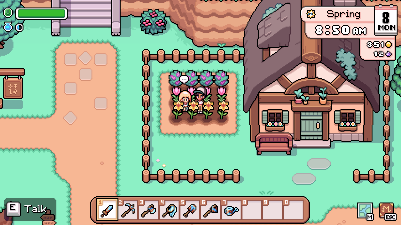 A gameplay GIF of Fields of Mistria showing the player talking to Celine in her garden. The dialogue box reads "Tending to my flowers might be my favorite part of the day.".
