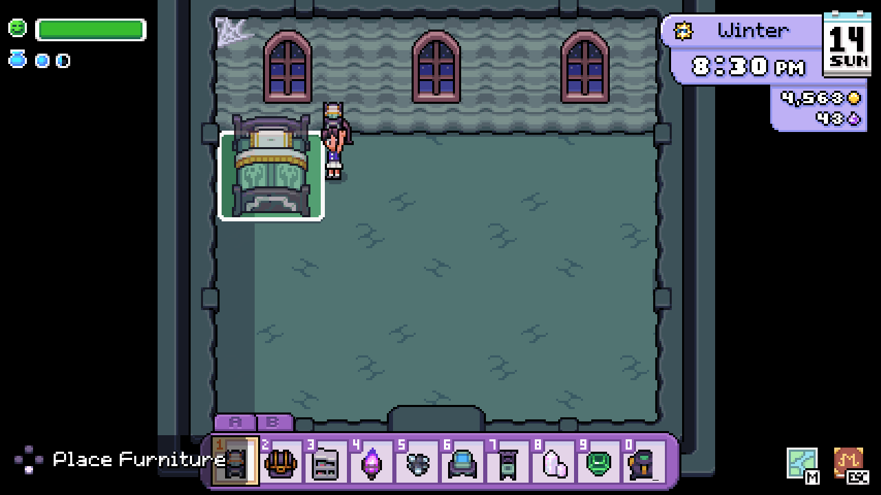 A gameplay GIF of Fields of Mistria showing the player decorating their house with cavern themed furniture.