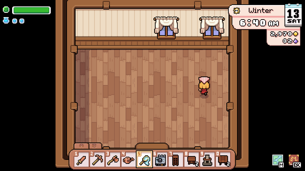A gameplay GIF of Fields of Mistria showing the player decorate their home to look like a bakery.