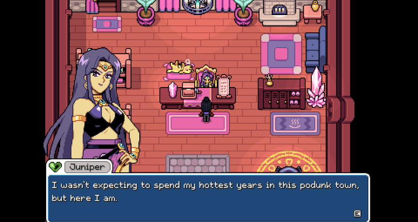 A screenshot of Fields of Mistria, showing the player speaking with Juniper at the counter of the bathhouse. The text box reads "I wasn't expecting to spend my hottest years in this podunk town, but hear I am".