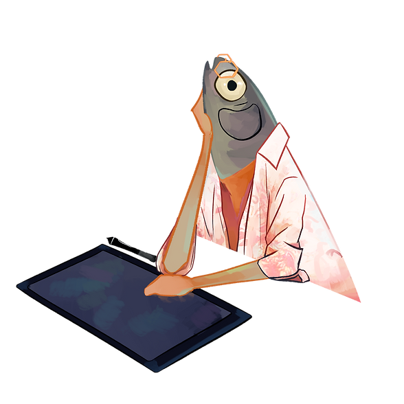 a drawing of an anthropomorphic fish, sitting at a table resting its head on its hand.
