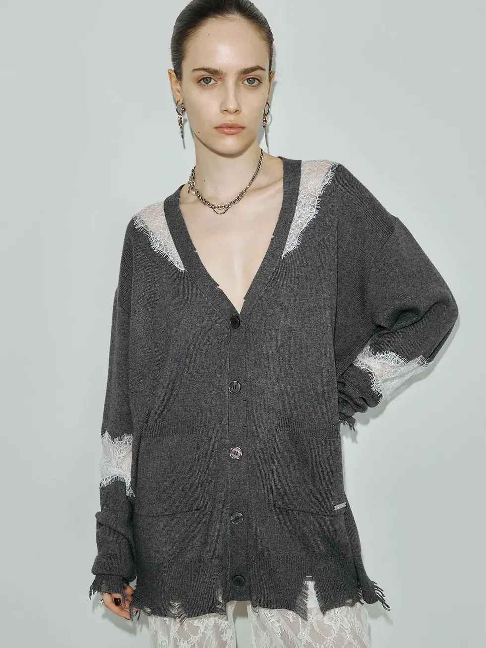 LACE DOCKING LONG TEE　JOSE MOON 　グレー 10月下旬予約商品] LACE DOCKING LONG TEE（JOSE MOON） | BELINDA