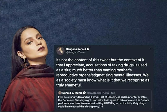 Kangana shares Trump's 'drug test' tweet, says 'appreciate the context of it'.