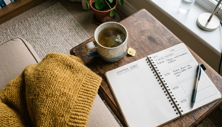 Overhead view of a cosy rest setup with a blanket, herbal tea and a symptom diary