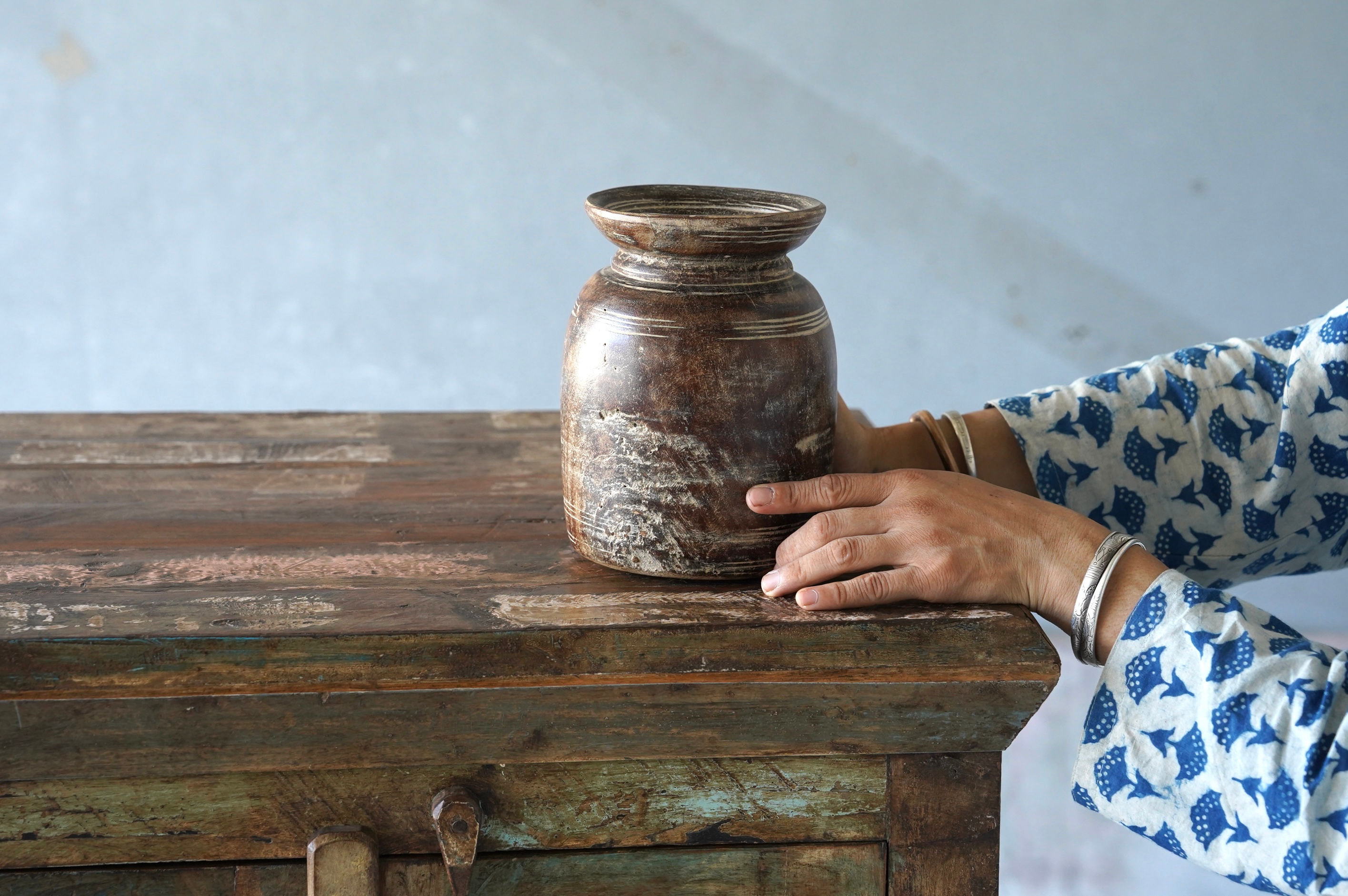 India antique tribal wooden pot d