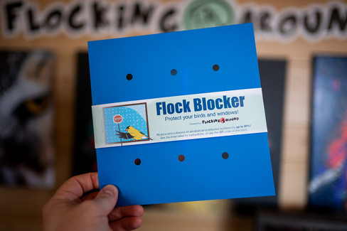 Blue "Flock Blocker" held in hand, aims to protect birds from windows. Background shows part of a sign with bird imagery. Mood is informative.