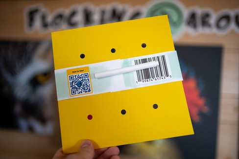 Yellow "Flock Blocker" held in hand, aims to protect birds from windows. Background shows part of a sign with bird imagery. Mood is informative.