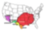 a map of the US with unusual shapes and a different color for each shape depicting the range of the brown recluses