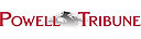 a distant view of a lone mountain sits between text indicating the logo of the powell tribune
