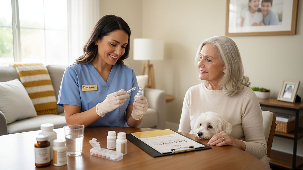 Eye-level view of a nurse preparing medication in a home setting