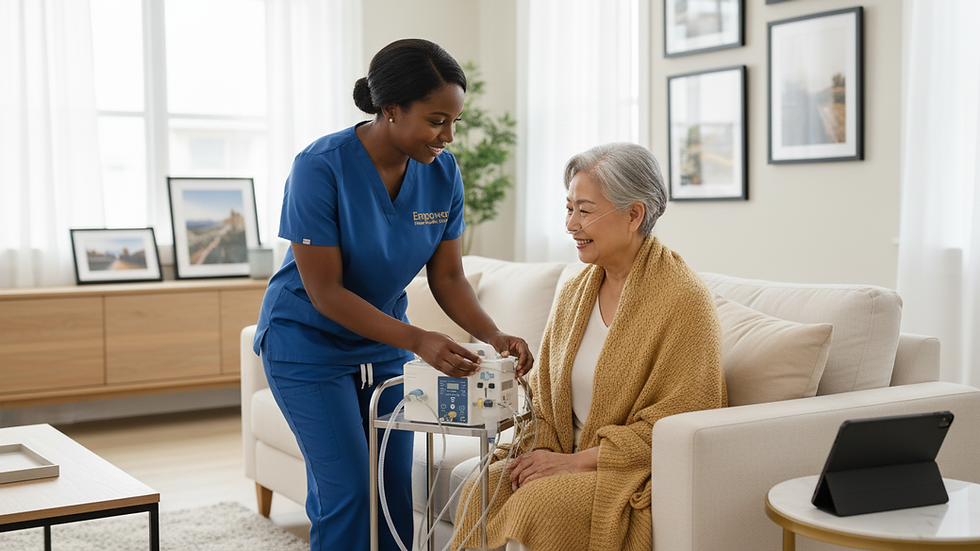 Eye-level view of a home health nurse setting up medical equipment in a patient’s living room