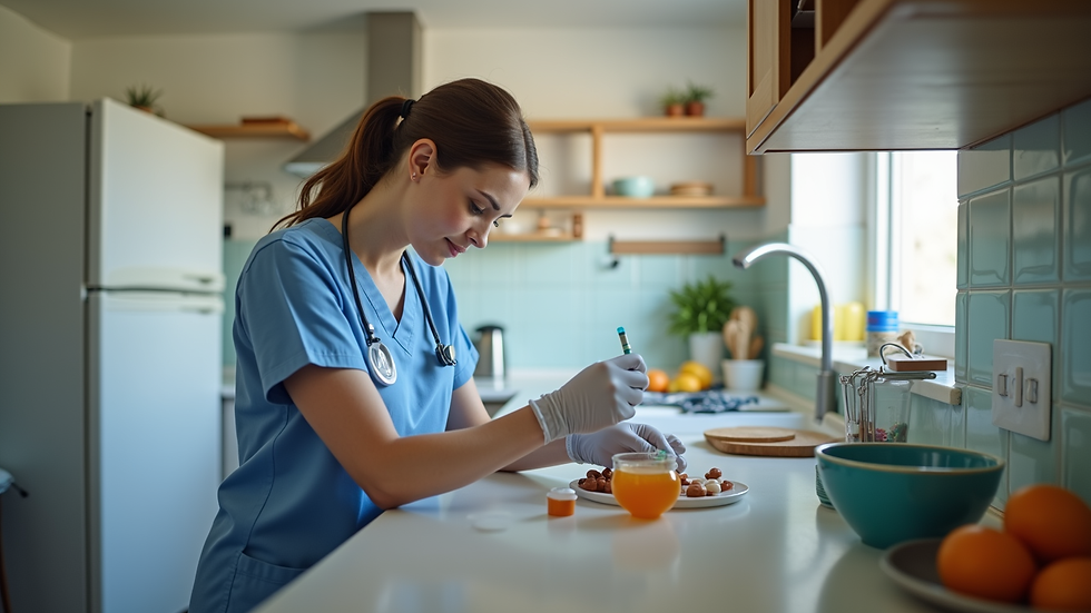 Eye-level view of a home health nurse preparing medication in a patient’s kitchen