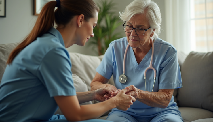 Eye-level view of a registered nurse at home providing wound care to a patient in a Los Angeles living room