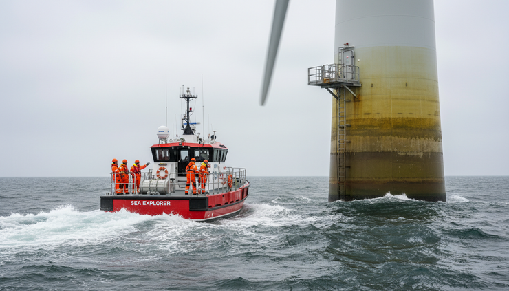 Eye-level view of a crew transfer vessel near an offshore wind turbine