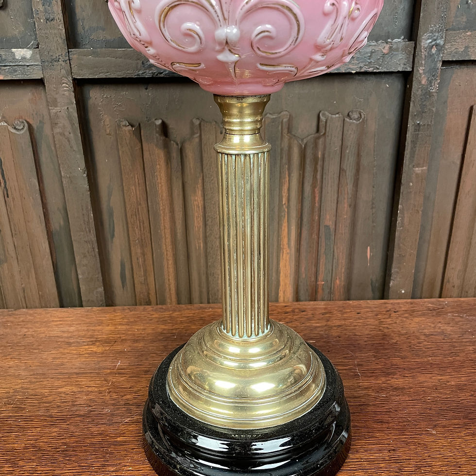 Thumbnail: A Large Victorian Oil Lamp with a Pink Bowl and Shade
