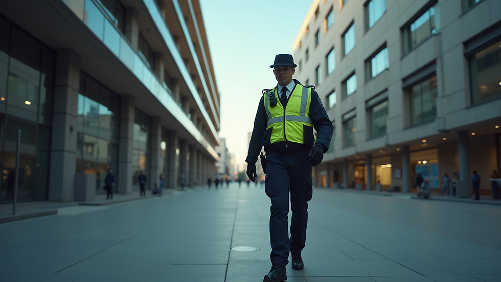 Wide angle view of a security guard conducting a routine patrol around a commercial building