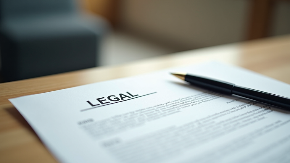 Close-up view of legal documents and a pen on a wooden desk