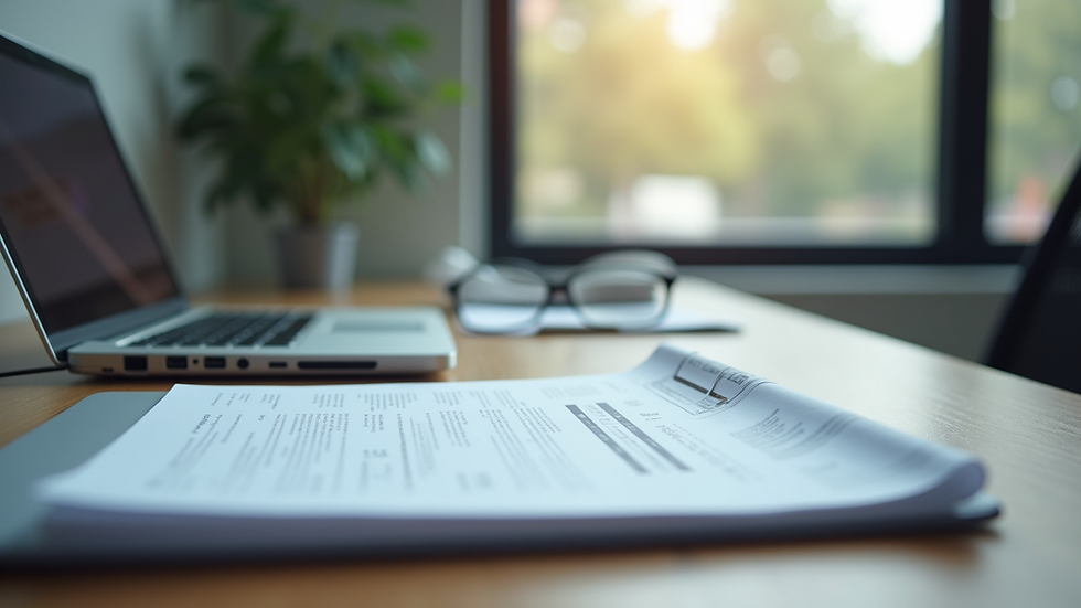 Eye-level view of a modern office desk with a laptop and legal documents