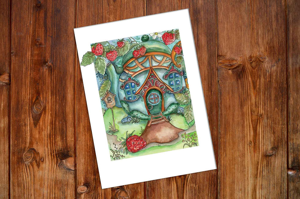 Garden Findings: Strawberry Teapot Fairy House A4 Art Print