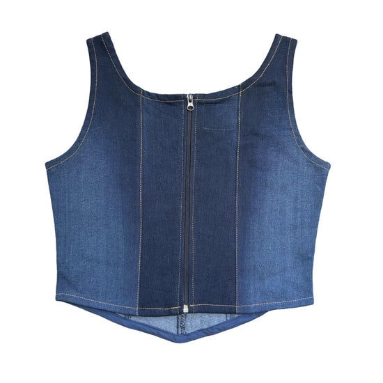 Thumbnail: back of Denim Corset Top Rework with light denim blue wash