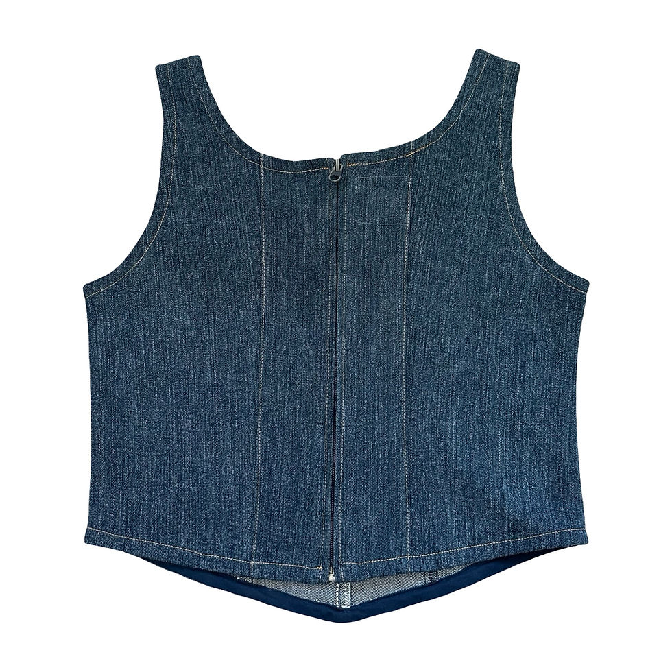 Thumbnail: back of Denim Corset Top Rework with medium denim blue wash