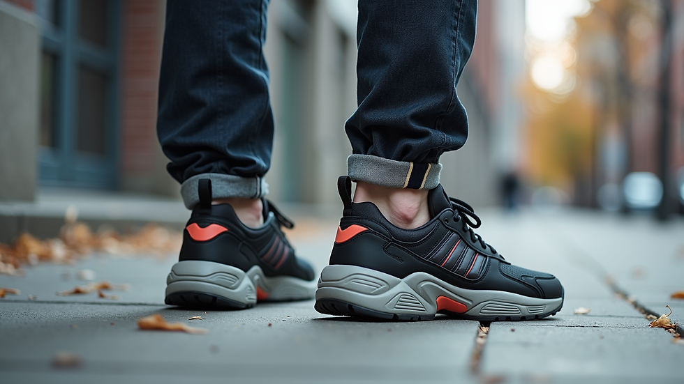 Close-up of chunky sneakers on concrete pavement