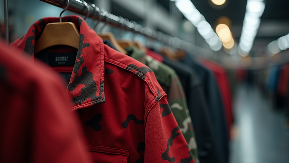 Close-up of red camo jacket hanging on a rack