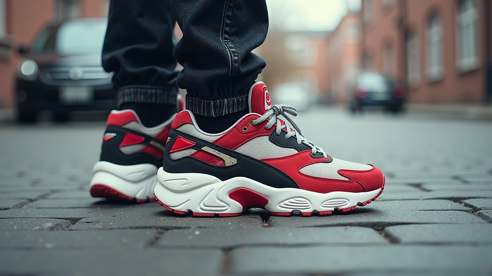 Close-up of chunky sneakers with bold colors on pavement