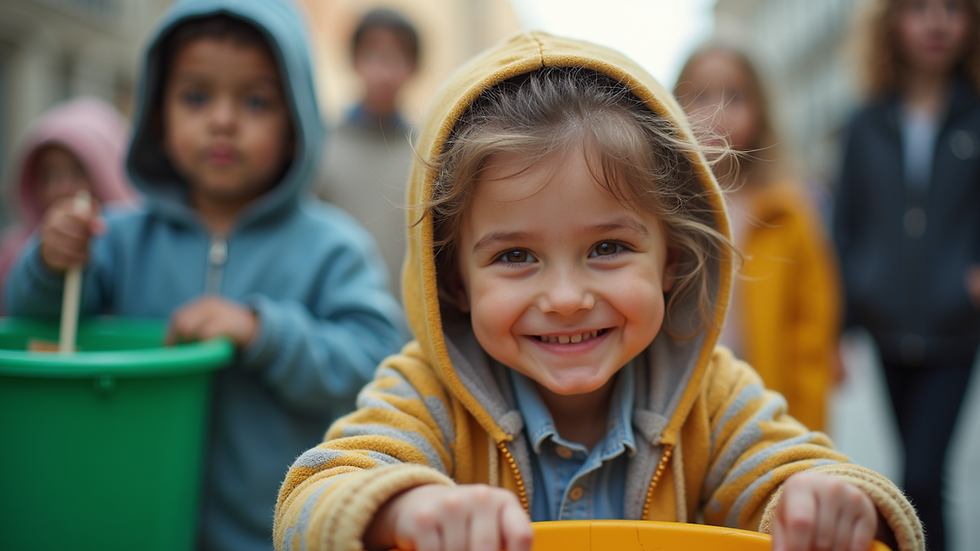 Eye-level view of children participating in a community recycling event