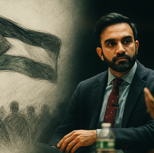 Zohran Kwame Mamdani is a New York State Assemblymember and democratic socialist running for Mayor. New York. Image includes an added illustrative sketch on the left