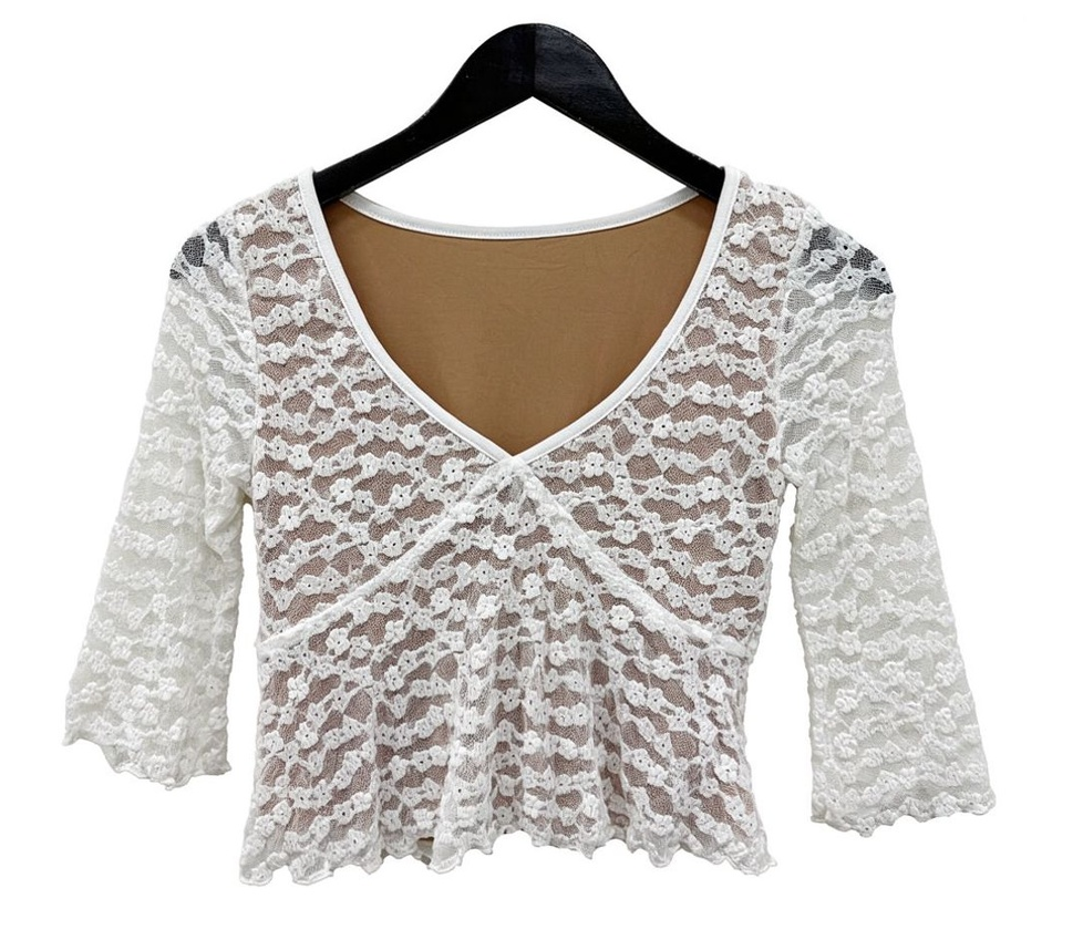 See Through Lace Top Women Sheer 3/4 Sleeve Floral Lace T-Shirt Free Size