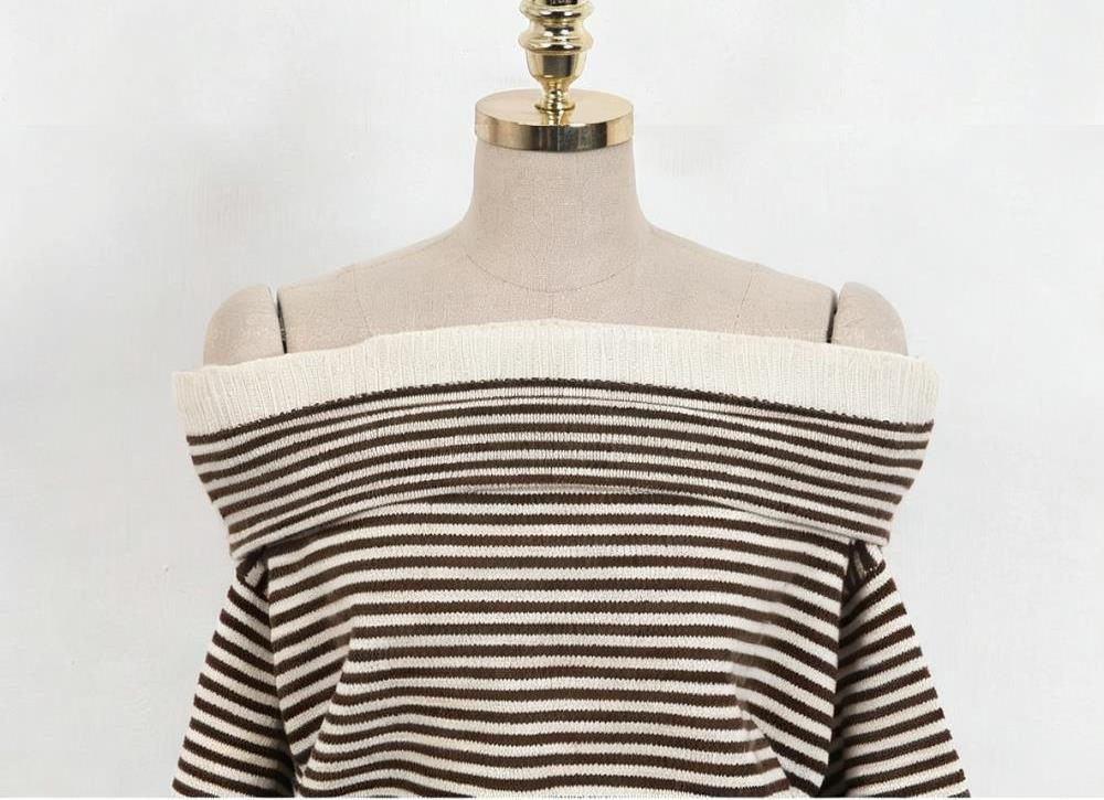 Women's Off Shoulder Color Block Knit Top Two Tone Sweater Korean Fashion