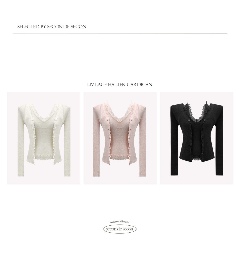 Women's Lace Halter Top & Ribbed Cardigan Set Layered 2 Piece Ivory Pink Black